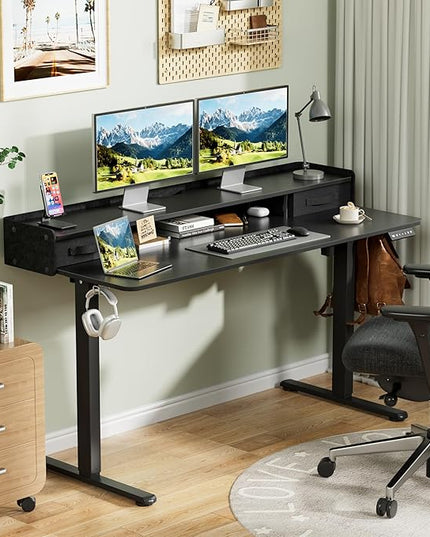 Homall Electric Standing Desk with 2 Drawers, Adjustable Height Computer Desk with Monitor Shelf Sit Stand Table with Splice Board Quick Install for Home Office (Black, 55 Inch)