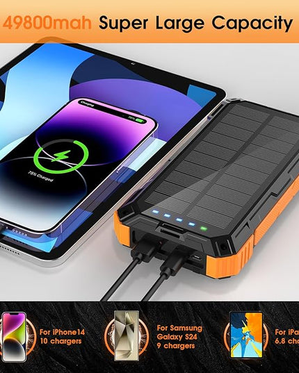 Solar Power Bank,49800mAh Wireless Portable Phone Charger with Built-in 4 Cables,22.5W Fast Charging External Battery Pack PD 3.0 USB-C In/Output for iPhone,iPad,Android,Perfect for Camping, Hiking