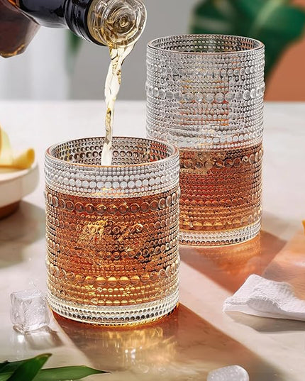 Vintage Hobnail Drinking Glasses Set of 12, 12 oz Highball Glasses & 10 oz Cocktail Glasses, Embossed Glass Cups, Clear Water Glasses Kitchen Bar Glassware Set for Beer, Juice, Cocktail, Whiskey