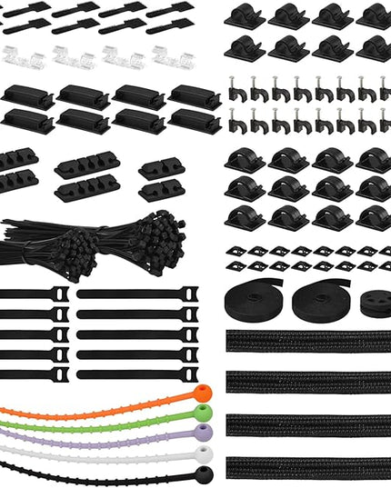 319pcs Cable Management Organizer Kit, Desk Cord Organizer, 98 Adhesive Cable Clips Holder, 17 Reusable Cable Strap, 4 Cable Sleeve Split, and 200 Nylon Cable Zip Ties (Black)