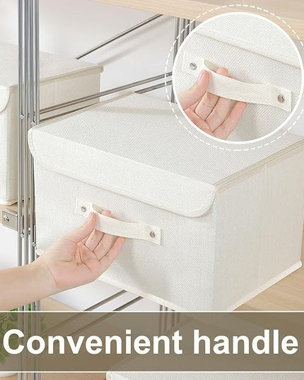 Storage Boxes, Collapsible Storage Bins with Lids, Cotton and linen cloth Storage Baskets with Handle, for Books, Closet, Bedroom, Home, 13x9.1x7.9 in, Beige