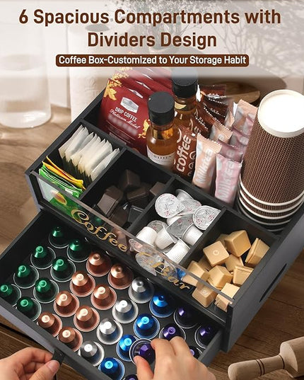 Intarsio 2-Tier Coffee Bar Organizer with Clear Acrylic Top, Built-in Drawer and Leather Handle Pull for Countertop, Stylish Coffee Station Storage Box for Accessories, Pods, Great Gifts for Home