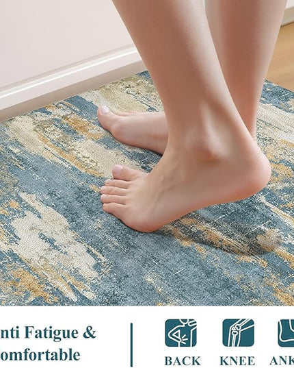 Collive Kitchen Mats for Floor 2 Piece, Abstract Cushioned Anti Fatigue Rugs Non Slip Waterproof Kitchens Sink Mat, Blue Modern Standing Mat for Bar, Office, Desk, Home Decor, 17"x29"+17"x47"
