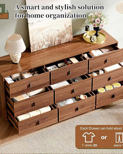 Chrangmay Modern Chest of Drawers with 9 Drawers,Deep Drawers,Clothes Organizer,Large Storage Cabinet for Living Room, Bedroom,Hallway,with Anti-Tipping Device, Walnut.