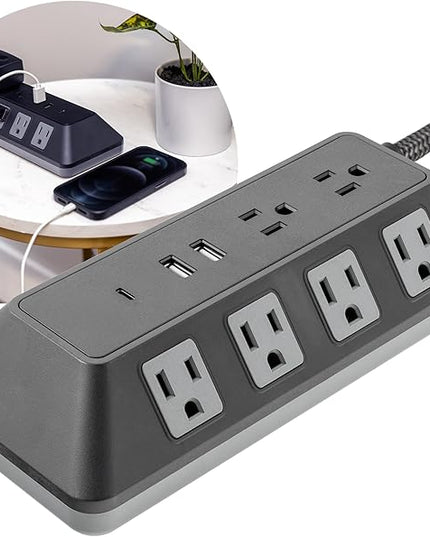 GE UltraPro 10-Outlet Surge Protector with USB, 2 USB-A, 1 USB-C, 4 Ft Braided Extension Cord, Multi Plug Outlet Extender, Adapter Spaced, Flat Plug, 3540 Joules, Charging Station, Black, 81785
