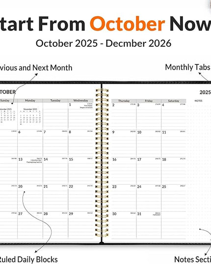 SUNEE 2026 Weekly & Monthly Planner 9"x11.2"- 12 Month (January 2026 - December 2026), Vegan Leather Cover, Pocket, Bookmark, Notes, Monthly Tab, Black