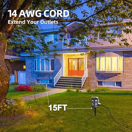 TiFFCOFiO Outdoor Power Strip Waterproof, 24 Hour Mechanical Timer, 15 ft Extension Cord, 6 Grounded Outlets for Outdoor Lights, ETL Listed (15 FT)