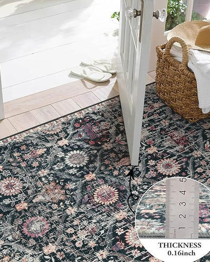 Lahome Moroccan Trellis Washable Round Rugs, Non-Slip Soft Round Rug 4ft Ultra-Thin, Small Vintage Circle Carpet for Entryway Kitchen Bedroom Nursery Bathroom, Black/Multi