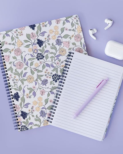 Steel Mill & Co Cute Floral Mini Spiral Notebook, 8.25" x 6.25" Journal with Durable Hardcover and 160 Lined Pages, Purple Vine Ditsy
