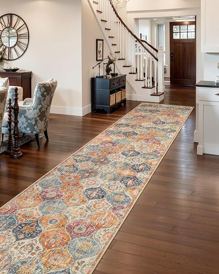 Lahome Moroccan Washable Runner Rug 2x10, Kitchen Runners for Hallways Rubber Backing Ultra-Thin Vintage Hallway Rug Non-Slip Stair Carpet for Entryway Bedroom Laundry Room, Cream/Multi