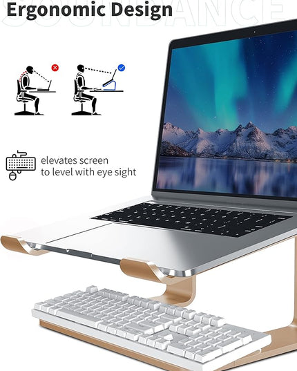 SOUNDANCE Laptop Stand, Aluminum Computer Riser, Ergonomic Laptops Elevator for Desk, Metal Holder Compatible with 10 to 15.6 Inches Notebook Computer, Gold