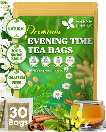 FreshDrinkUS, Evening Time Herbal Tea – 30 Tea Bags – Caffeine-Free Blend with Senna, Peppermint, Chamomile, Licorice, Ginger, Reishi Mushroom – Relaxing Herbal Infusion – Non-GMO & Natural