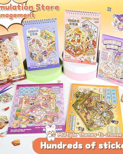 ASTARON 20 Sets DIY 3D Sticker Scene Book Sticker Therapy for Adults, Make Your Own Mini Cozy Shop House Room Stickers Cute Cartoon Miniature Stickers for Girls, Relief Stress Pass The Time