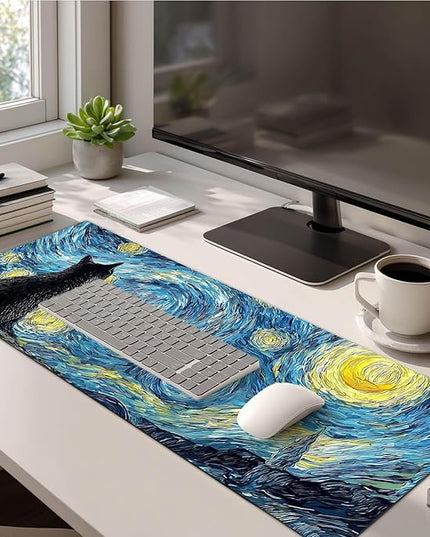 Black Cat XL Mouse Pad 31.5 x 11.8 Inch Gaming Mousepad Diatomite Large Keyboard Mouse Pad for Home and Office Desk Accessories with Night Sky Swirl Cat Silhouette Artwork