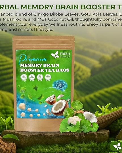 FreshDrinkUS, Memory Brain Booster Herbal Tea – 40 Tea Bags – Ginkgo Biloba, Gotu Kola, Lion's Mane & MCT Coconut Oil – Smooth, Earthy Flavor – Caffeine-Free – Daily Herbal Blend for Anytime Use