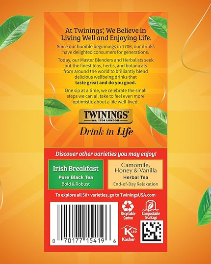 Twinings English Breakfast Black Tea Individually Wrapped Bags, 20 Count (Pack of 6), Flavourful, Robust, Caffeinated, Enjoy Hot or Iced, 120 Teabags