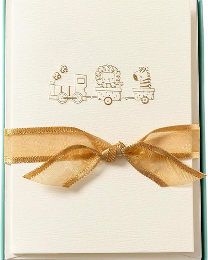 Graphique Baby Train Cards, Pack of 10 Cards with Envelopes, Newborn Greeting, Congratulations to New Parents, Blank Inside, Gold Foil Embossing, La Petite Press Collection Boxed Set, 3.25" x 4.75"