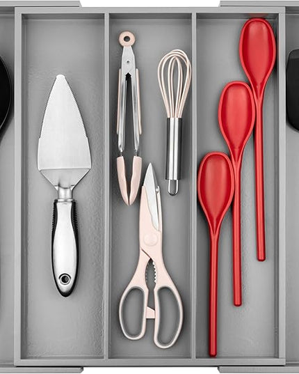 Purawood Kitchen Drawer Organizer - Expandable Utensil Drawer Organizer for Kitchen, Cutlery Tray & Silverware Organizer, 3-5 Slots - Bamboo Organizer for Utensils & Flatware (Grey)