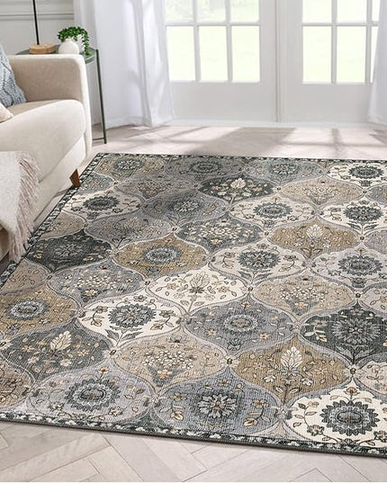 Lahome Moroccan Washable Living Room Rug, 5x8 Rugs for Bedroom Dining Room, Soft Non-Slip Non Shedding Boho Distressed Throw Carpet for Nursery Office, Grey