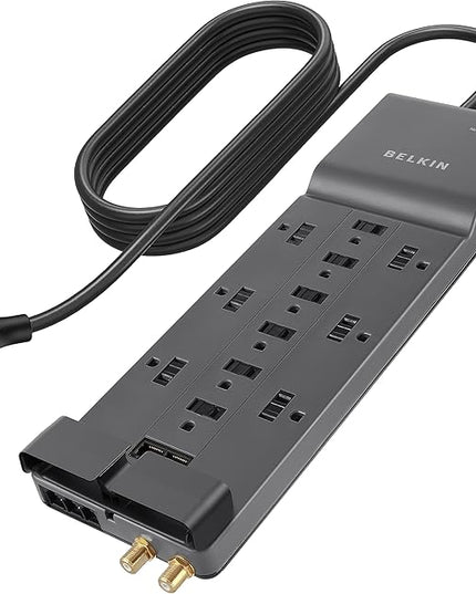 Belkin Power Strip Surge Protector with 12 AC Multiple Outlets, 10 ft Long Flat Plug Heavy Duty Extension Cord for Home, Office, Travel, Computer Desktop, Laptop & Phone Charging Bricks (4,156 Joules)
