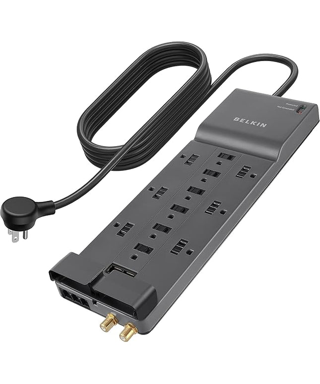 Belkin Power Strip Surge Protector with 12 AC Multiple Outlets, 10 ft Long Flat Plug Heavy Duty Extension Cord for Home, Office, Travel, Computer Desktop, Laptop & Phone Charging Bricks (4,156 Joules)