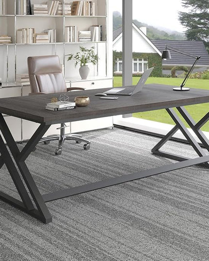 LVB 78.7 Long Executive Desk, Modern Large Computer Office Desk, Wood Metal Simple Pc Study Gaming Writing Table, Industrial Laptop Desk Workstation for Home Bedroom Living Room, Dark Gray, 78.7 Inch