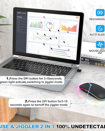 Bluetooth Wireless Mouse for MacBook Air Mac Pro iPad ,LED Rechargeable Silent Mouse with 2.4GHz USB-A/USB-C Receiver & Mouse Jiggler, Compatible with Laptop MacBook IPad Mac Tablet PC- Matte Black
