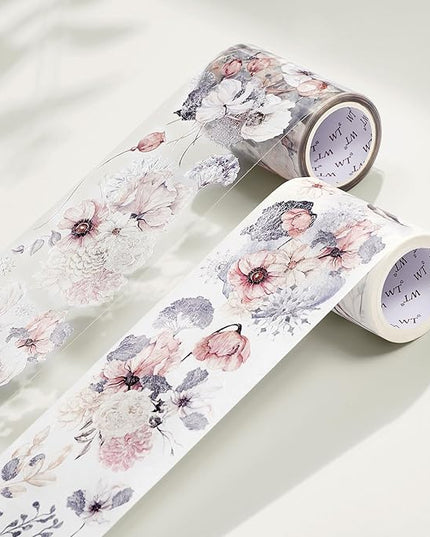 WT Frostbloom Wide PET Tape, Single Roll, Original Floral Designs, Winter Flowers, Clear Transparent Adhesive Tape for Junk Journals, Scrapbooks, Bujo, Planners, DIY Crafts, Art Stationery