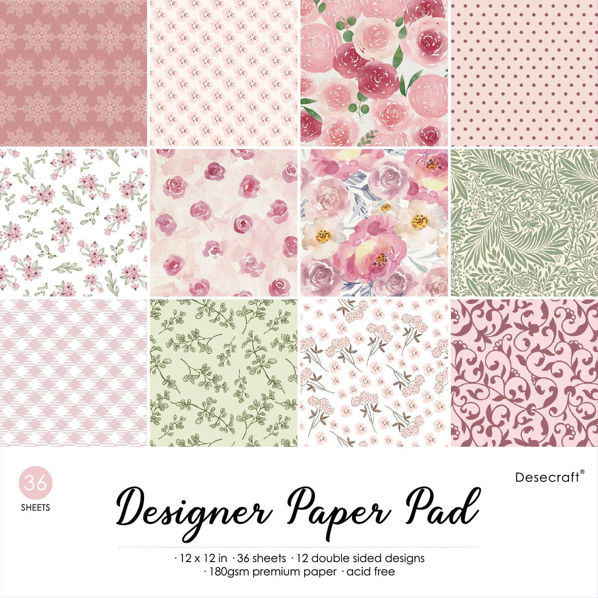 Desecraft Spring Vintage 12x12 Double Sided Paper Pad - 36 Sheets 180GSM Cardstock, 12 Designs Pastel Pink Green Floral Scrapbook Paper for Card Making, Wedding, Scrapbooking Supplies