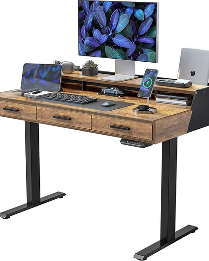 FEZIBO Standing Desk Adjustable Height with Drawers, 48 x 24 Inches Stand Up Desk Electric Memory Computer Desk, Black Frame/Rustic Brown Top