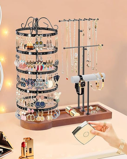 KALYLOC Jewelry Earring Holder Organizer, Adjustable 5 Tiers Rotating Earring Holder 3 Tier Necklace Holder with Wooden Base, Multi-Functional Jewelry Organizer Display Stand for Studs Bracelet Women