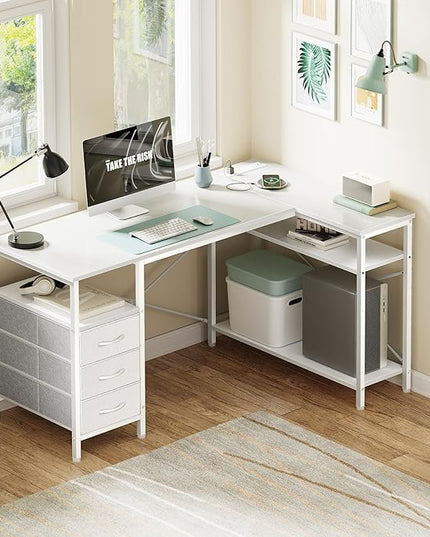 Huuger L Shaped Office Desk with Power Outlets, 47 Inch Computer Desk with 3 Drawers, Shelves, for Gaming, Corner Work, Home Office, Study, White