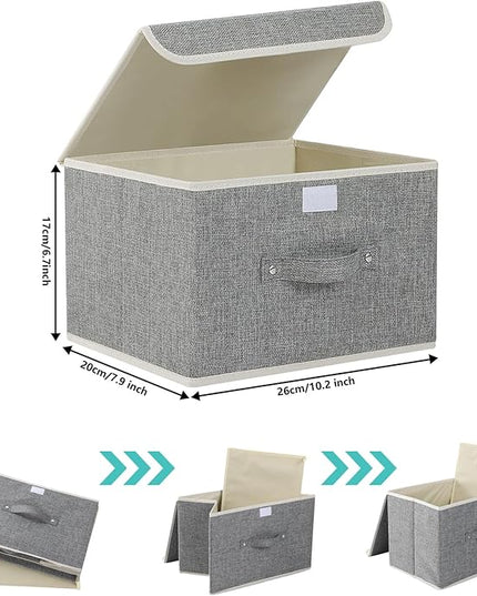 Storage Boxes, Collapsible Storage Bins with Lids, Cotton and linen cloth Storage Baskets with Handle, for Books, Closet, Bedroom, Home, 10.2x7.9x6.7 in, Grey
