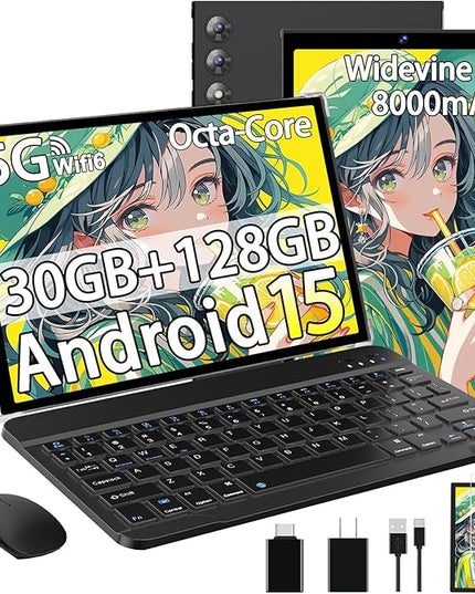 SKYEGG 2025 Android 15 Tablet 10.1 Inch Tablets, 30GB RAM 128GB ROM 1TB Expand, 8000mAh Battery, BT5.0, 2.4/5G Wi-Fi 6, Metal Body with Keyboard & Mouse, Gemini AI, Widevine L1 HD IPS Display - Black