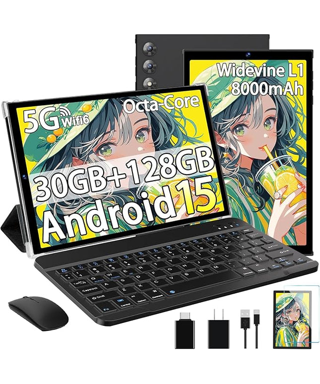 SKYEGG 2025 Android 15 Tablet 10.1 Inch Tablets, 30GB RAM 128GB ROM 1TB Expand, 8000mAh Battery, BT5.0, 2.4/5G Wi-Fi 6, Metal Body with Keyboard & Mouse, Gemini AI, Widevine L1 HD IPS Display - Black