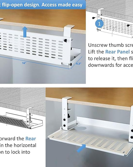 AEONS Universal Under Desk Cable Management Tray-Clamp Mount Hinged Swing Modesty Panel Organizer for Office Desks Easy Access Flip-Down position Power Strip Cord Storage No-Drill 25 lb Capacity White