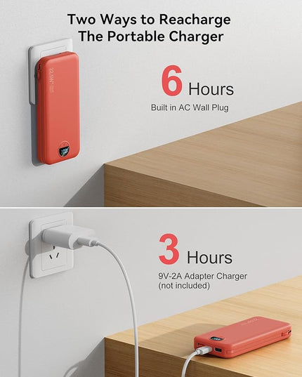 12000mAh Ultra-Portable-Charger-Power-Bank with Built in Cables&AC Wall Plug,PD20W USB-C Fast Charging Cell Phone Charger Battery Pack,LED Display Travel Battery Bank for All iPhone,Samsung,Android