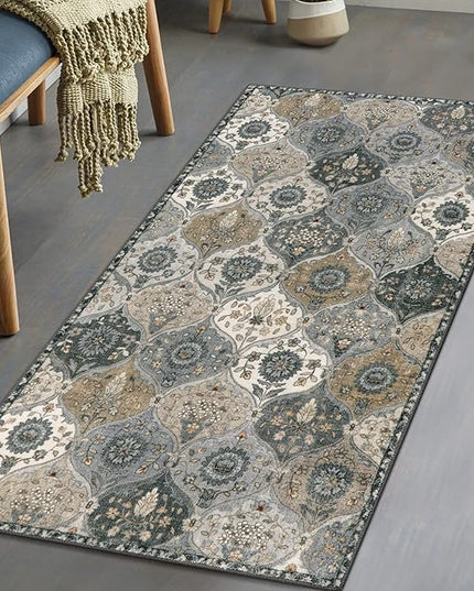 Lahome Moroccan Trellis Small Area Rug, 2x4 Rugs for Entryway Non-Slip Vintage Ultra-Thin Washable Indoor Door Mat Distressed Throw Carpet for Bathroom Kitchen Bedroom, Grey