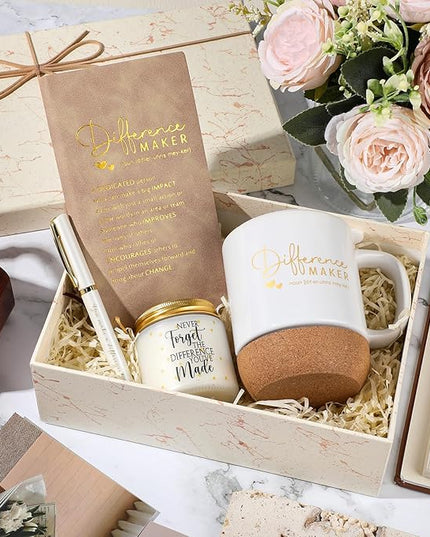4 Pcs Difference Maker Gift for Women Men Teacher Employee Appreciation Gift for Coworker Staff Coach Difference Maker Mug Notebook Scented Candle Motivational Ballpoint Pen for Valentines(White)