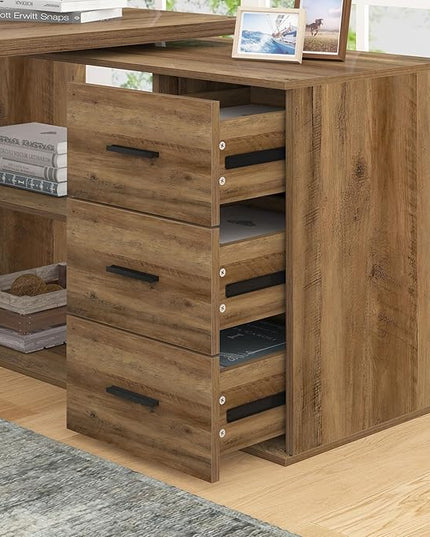 HSH 360 Rotating L Shaped Desk with Drawers, L Shape Computer Desk with Storage Cabinet Shelves, Rustic Home Office Desk for Executive Writing Study Work, Wood Table Swivel Desk, Rustic Oak, 55 Inch