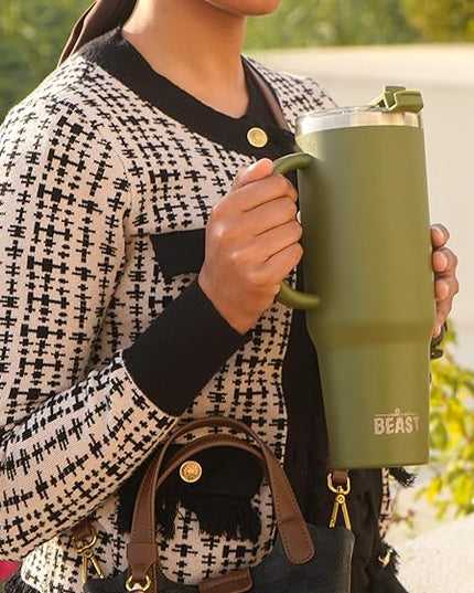Beast 50 oz Tumbler with Handle Stainless Steel Vacuum Insulated Coffee Ice Cup Double Wall Travel Flask (Army Green)