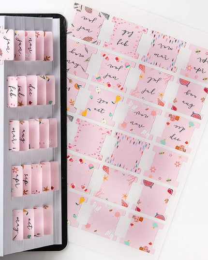 DiverseBee Laminated Planner - 24 Peel and Stick Tabs (12 Month, 12 Blank), Calendar Dividers (Rose)