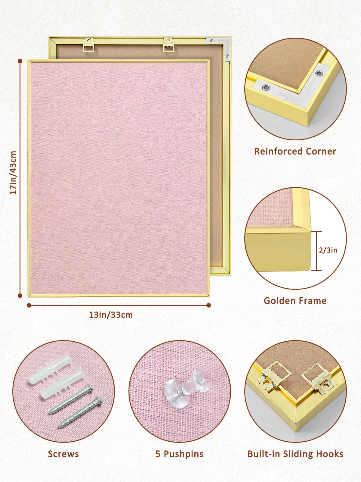 Aitakatta Bulletin Board with Golden Aluminum Frame, Pink Fabric Cork Board for Walls, 17 x 13 inches Pin Board with Push Pins for Office Home(G-AL,PK,4333)