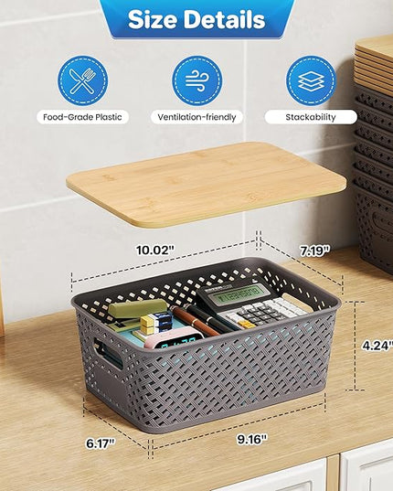 8 Packs Plastic Storage Bins with Bamboo Lids - Stackable Storage Bins Decorative Small Basket Containers for Organizing Shelves Office Classroom Desktop Closet, Grey