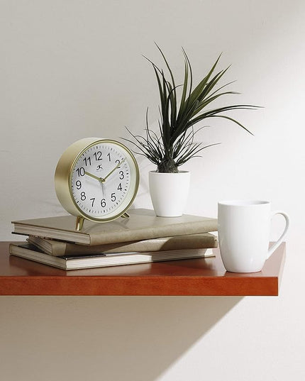 Infinity Instruments Tabletop Alarm Clock Decorative Cute 5.75 inch Face Modern Round Analog Easy-to-Read Matte Gold Small
