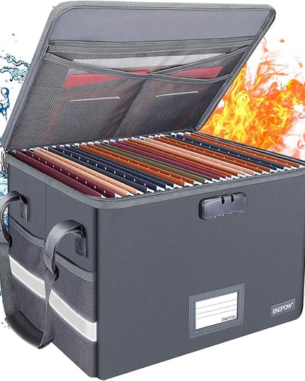 ENGPOW File Box with Lock, Fireproof Document Box with Zipper Lid, Collapsible File Organizer Storage Filing Cabinet with Handle, Portable Home Office Safe for Hanging Letter/Legal Folders, Grey