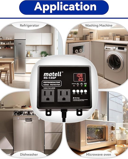 matell Refrigerator Surge Protector, Double Outlet Voltage and Current Protector for Home Appliances with Time Delay, Spike, Instant Surge All Voltage Abnormalities,Protects Against Brownout
