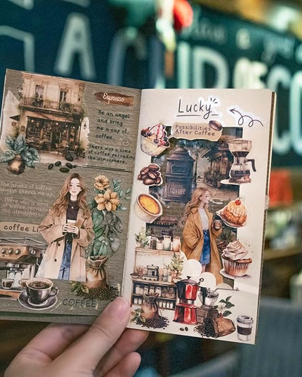MiyouLuna 6Pcs Coffee Sticker Books, PET&Washi Stickers for Scrapbooking, DIY Crafts, Journaling Supplies & Junk Journal Ephemera
