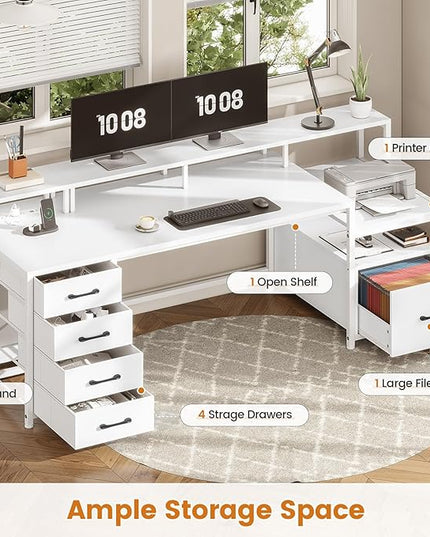 SEDETA White Computer Desk with 5 Drawer & Power Outlet, 75'' Home Office Desk with File Drawer, Storage Shelves, Printer Cabinet and Monitor Shelf, Gaming Desk with Led Lights, 23.6" W Desktop