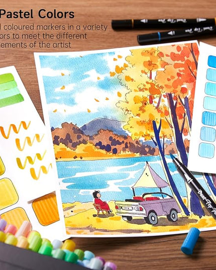 Shuttle Art Pastel Brush Pens, 56 Pastel Colouring Pens, Dual Tip Brush Markers with Fineliner Tip, Drawing Felt Tip Pens for Adults Colouring Books, Painting Sketching Calligraphy and Journaling